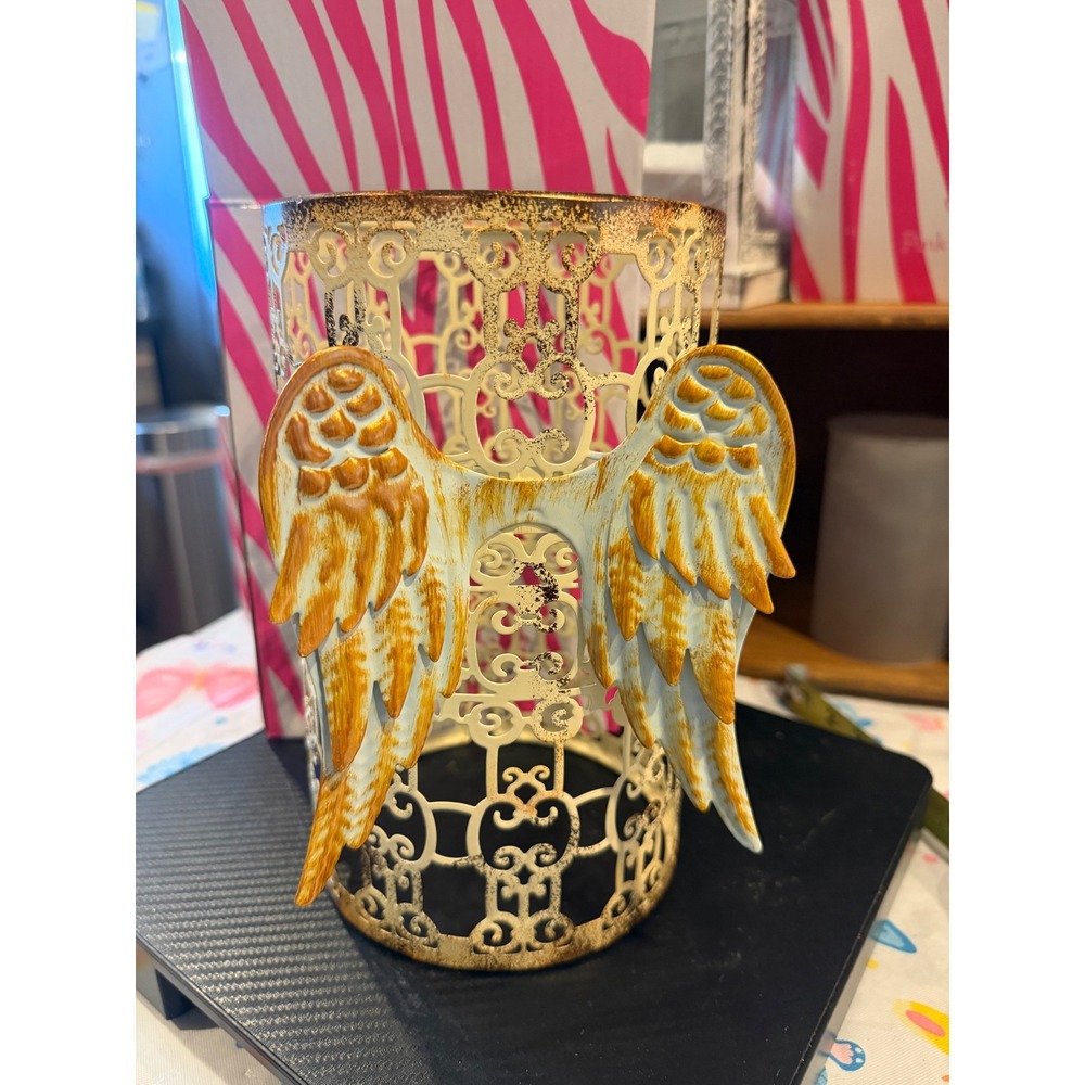 Pink Zebra Distressed Cream and Gold Angel Wing Filigree Metal Candle Sleeve